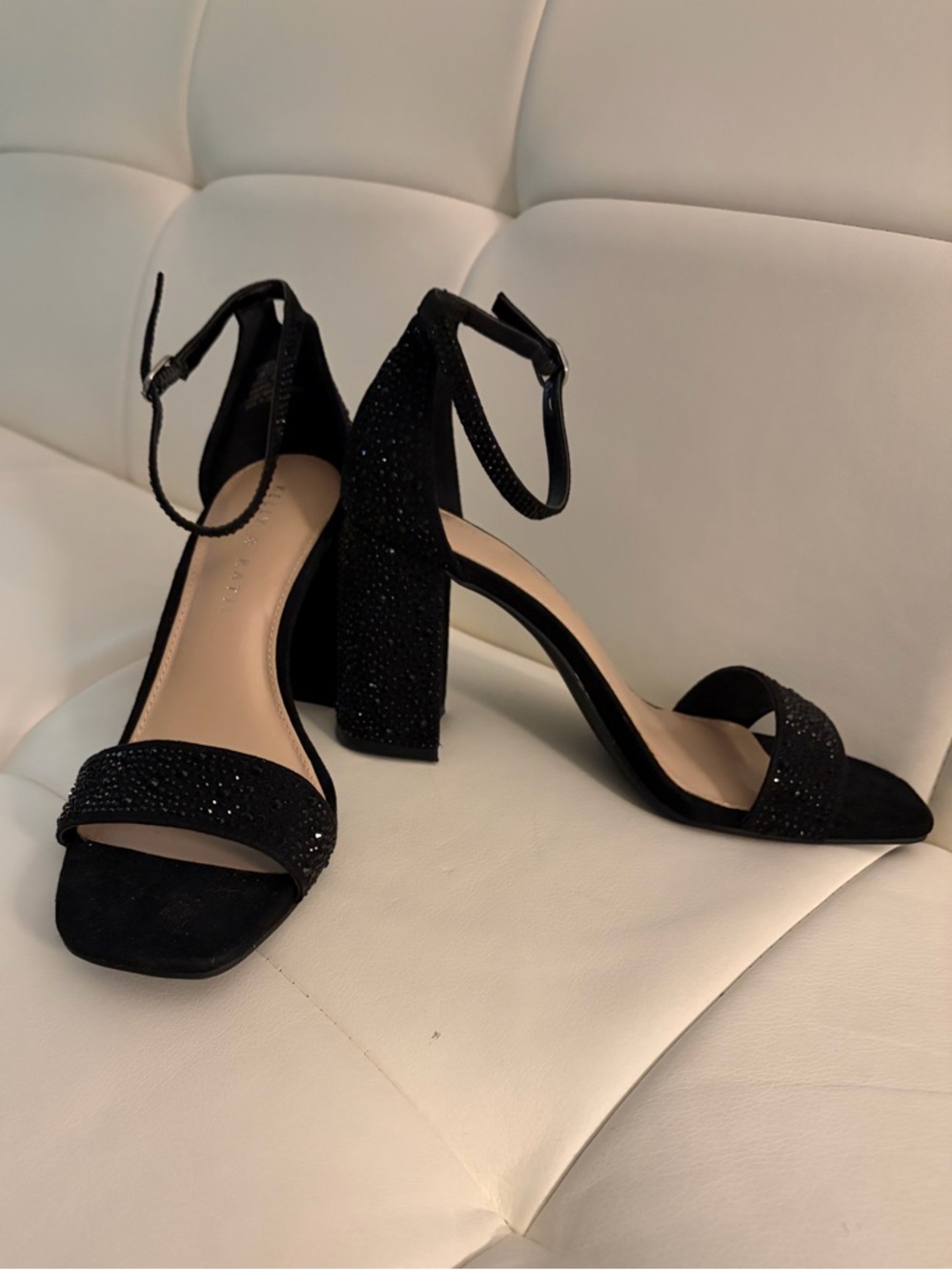 Kelly & Katie Black Sparkle Block Heel Ankle-Strap Sandals
